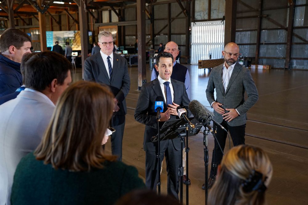 Trevor Watts MP, Minister Perrett, the Treasurer, and the Premier stand together at a press event announcing a biosecurity boost to support regional communities.