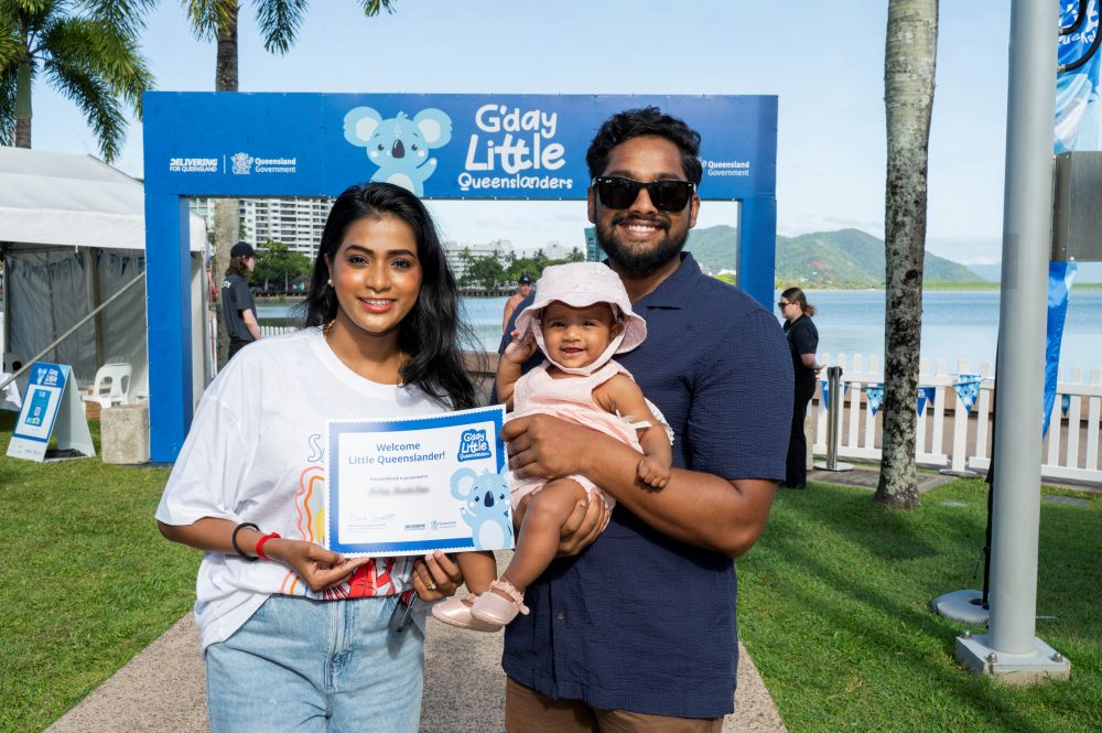 Families celebrate the state’s newest additions at the G’day Little Queenslanders’ event in Cairns.