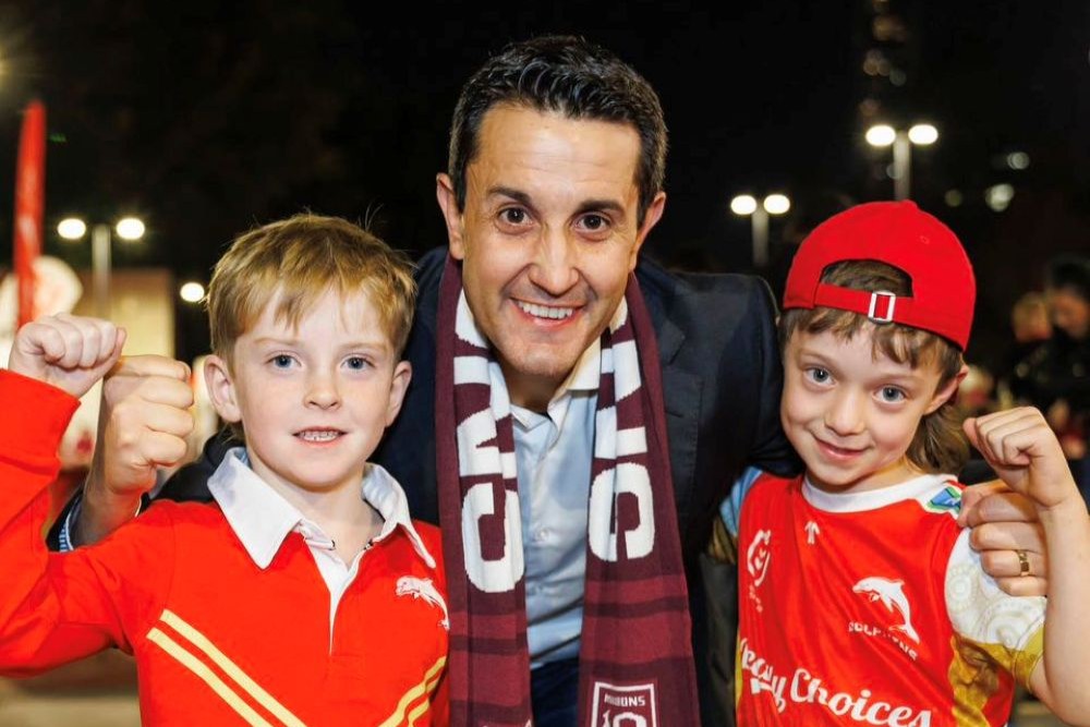 Premier with young Dolphins fans at Suncorp Stadium ahead of the Queensland Day 2025 Dolphins match.