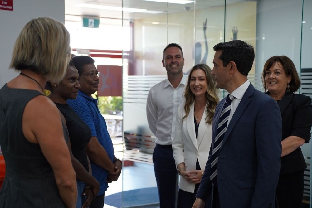 Premier, Minister Gerber, Natalie Marr MP and Adam Bailey MP at Namu Collective Pty Ltd to announce a new Staying on Track program in Townsville
