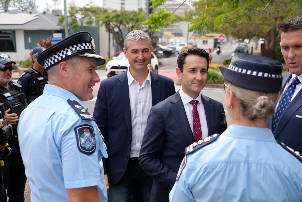 Premier with Minister Purdie and Hermann Voster MP greeting police officers at the site of the new Burleigh Police Beat.
